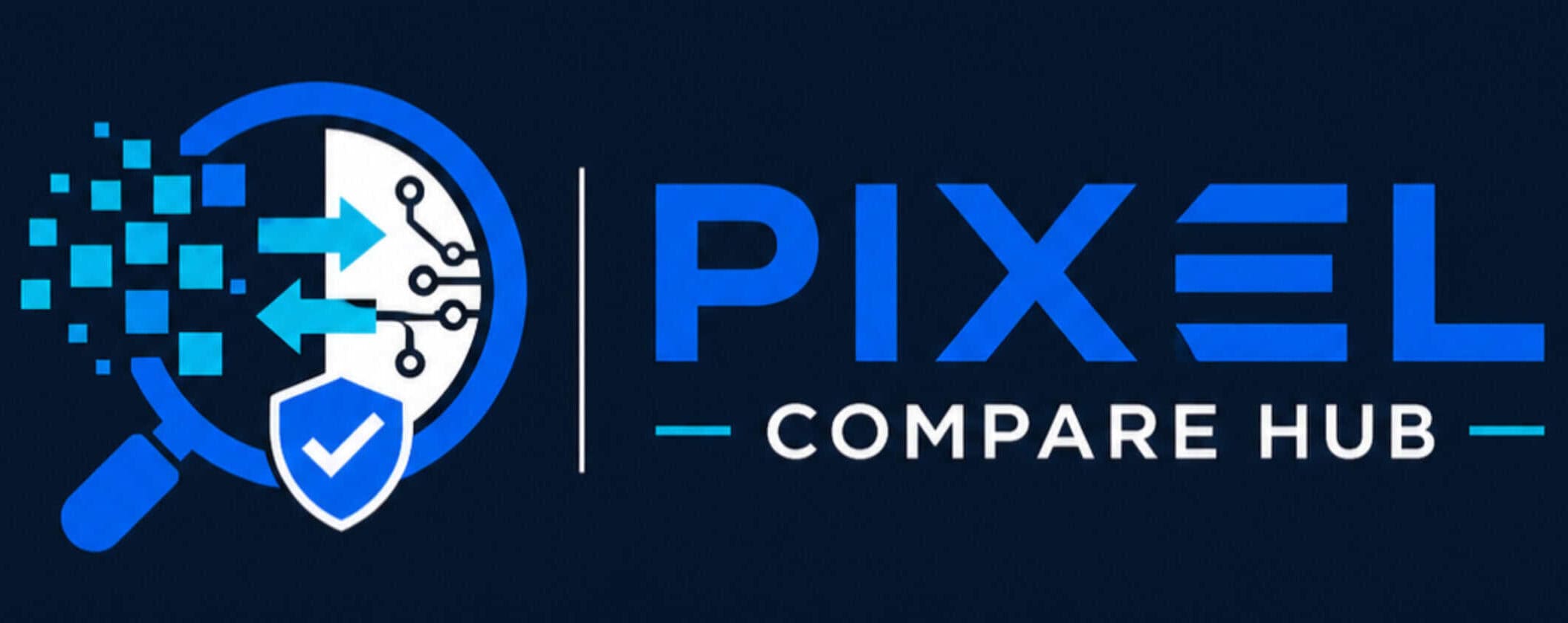 PixelCompareHub logo with digital security and technology elements.