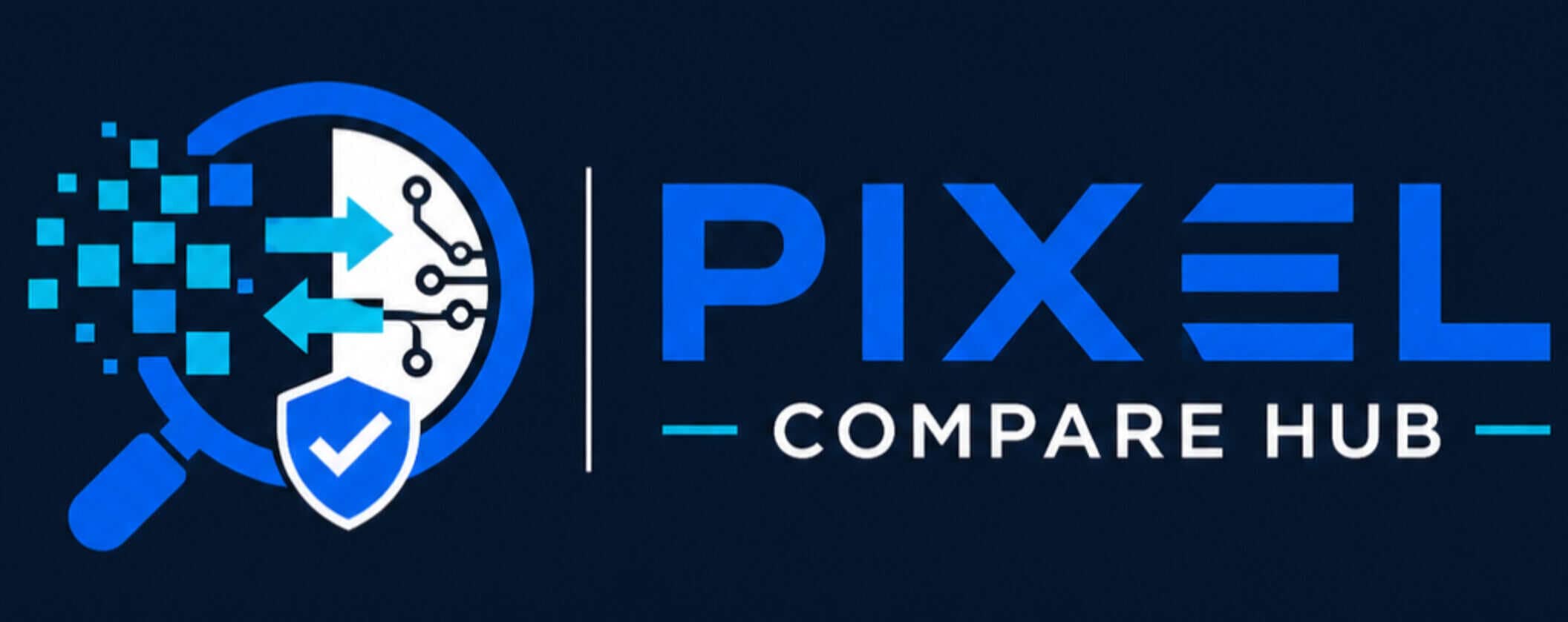 PixelCompareHub logo with digital security and technology elements.